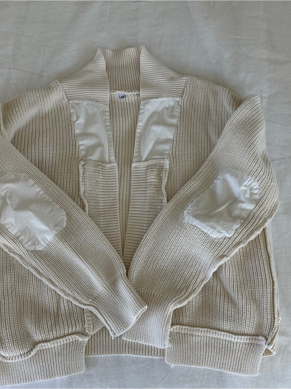 Off-white Open-Front Ribbed Knit Women's Cardigan Sweater with Elbow Patches - Picture 4 of 6